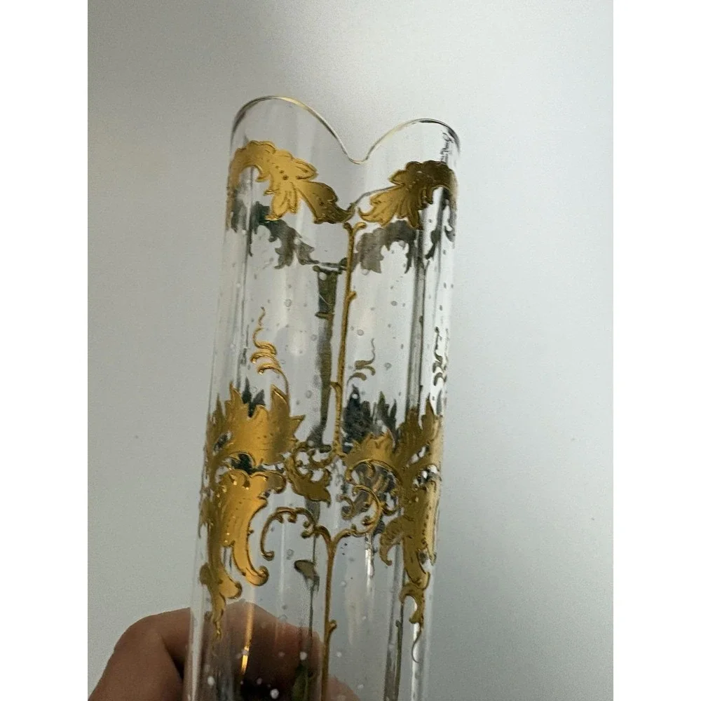 Antique Bohemian Art Glass Vase Raised Gold Gilt Enamel Quatrefoil Bubbles 7 In